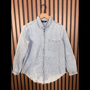 Nieuw Lands Traat Jean Shirt OS Womens Blue Denim Pocket Button Down Frayed